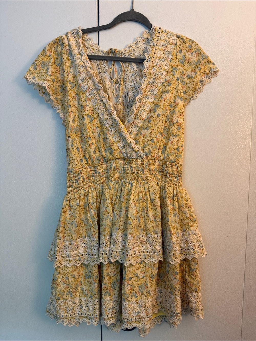 American Eagle Outfitters Yellow Floral Lace Eyelet Dress Cotton Linen Size L